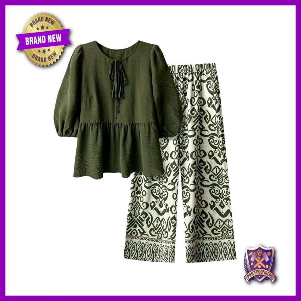 Plus Size 2 Piece Outfit Lantern Sleeve Peplum Blouse Wide Leg Pants Set